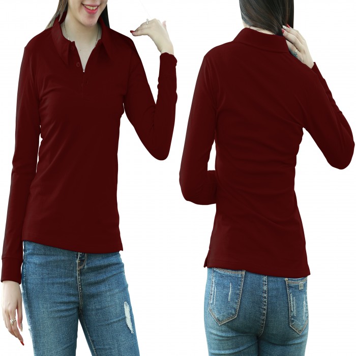Dark red long sleeves woman polo shirt 