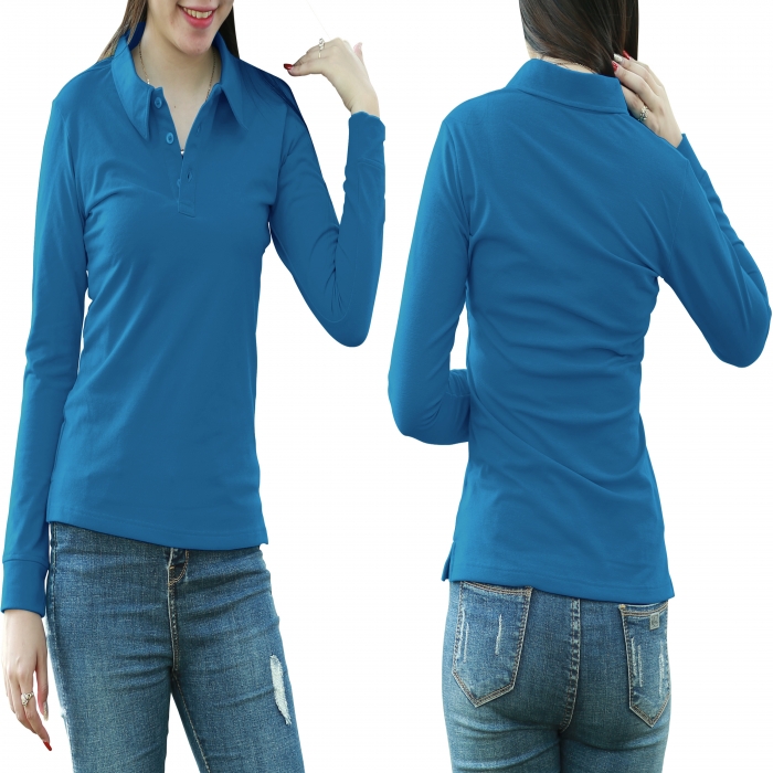 Navy blue long sleeves woman polo shirt  - 7