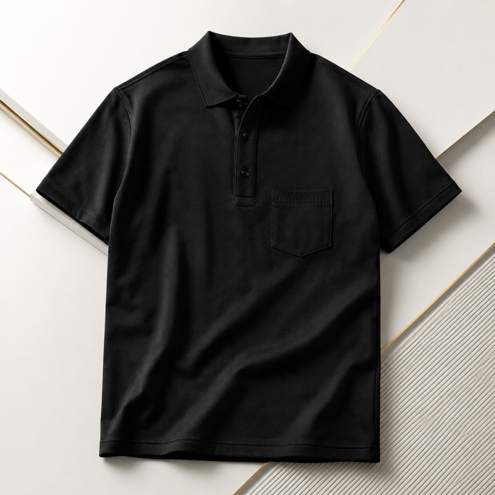 Black Polo Shirt | Men | Pocket | Pique Fabric  - 3