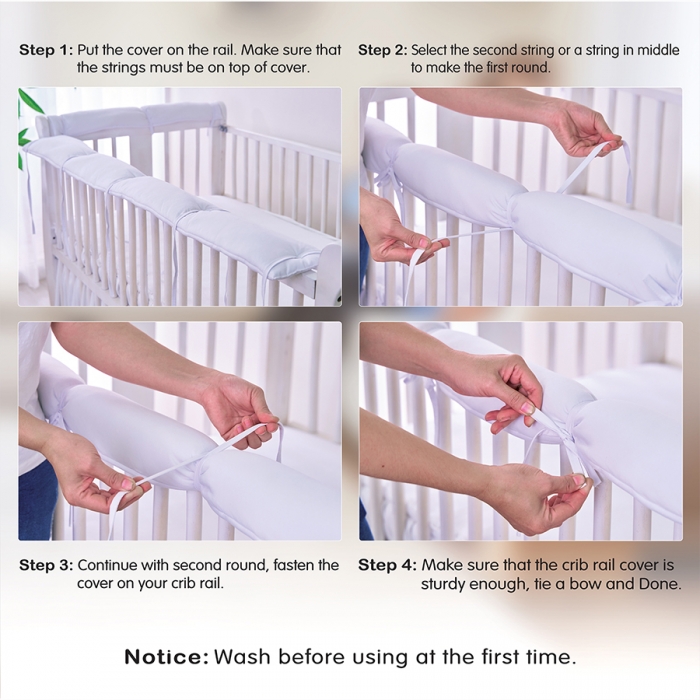 Lulovn Crib Rail Covers For Teething, Cotton Fabric, White - 5